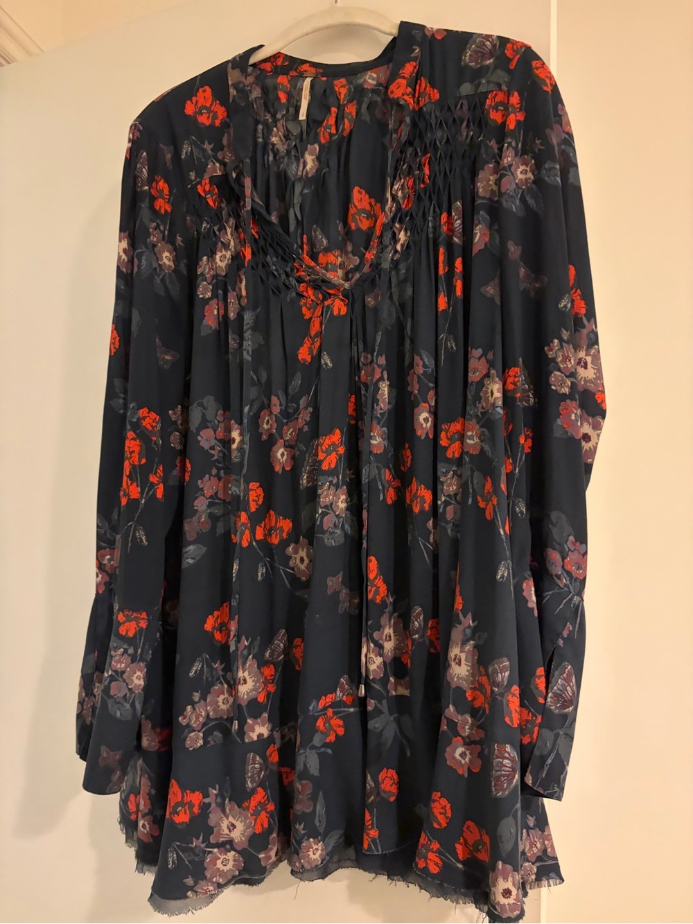 Free People Navy Long-Sleeve Floral Smocked Yoke Tunic Dress